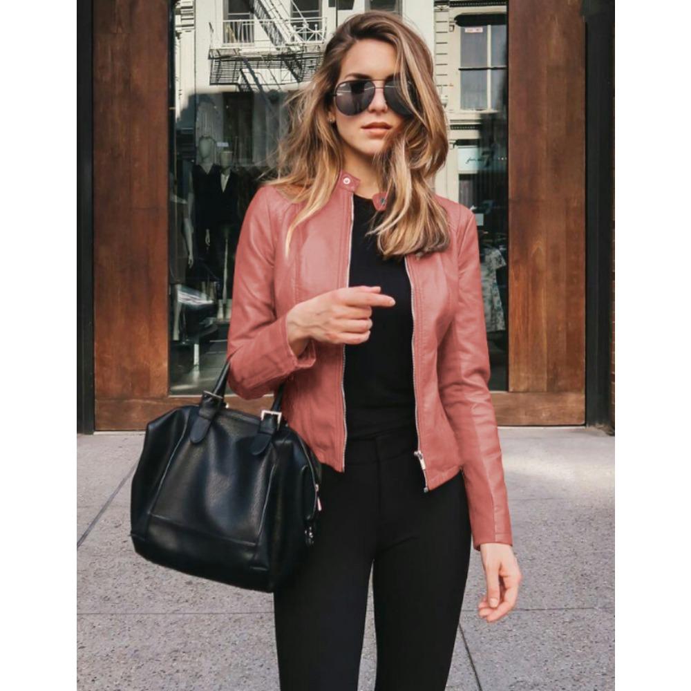 

Весенне-осенняя модная куртка с воротником-стойкой большого размера, женская тонкая универсальная куртка из искусственной кожи, топ, женский однотонный кардиган S розовый