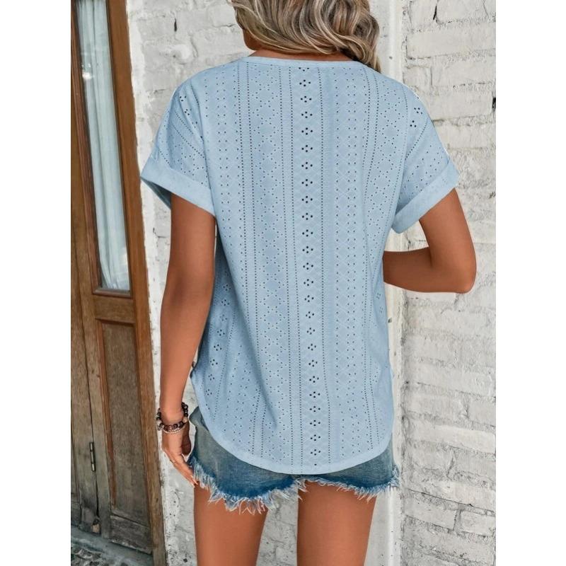 Fashion Casual Bat Short Sleeves Hollow Blouse Women O Neck Loose Summer T Shirts Female Office Tops Sweet Embroidery Solid Color Elegant Clothing