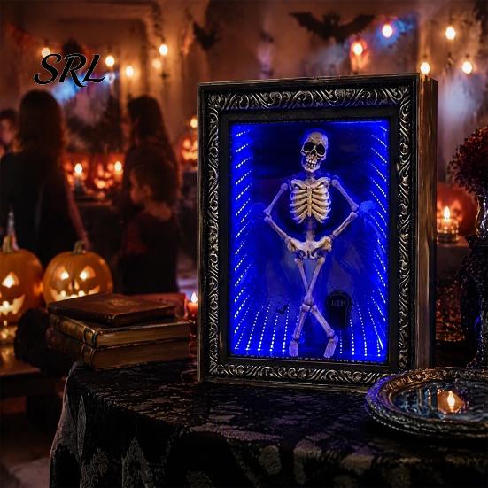 Dark Style Home Decor LED Dancing Skeleton Frame Decor, Glowing Spooky Night Light for Decorative Picture Holder Desk Shelf, Halloween Party