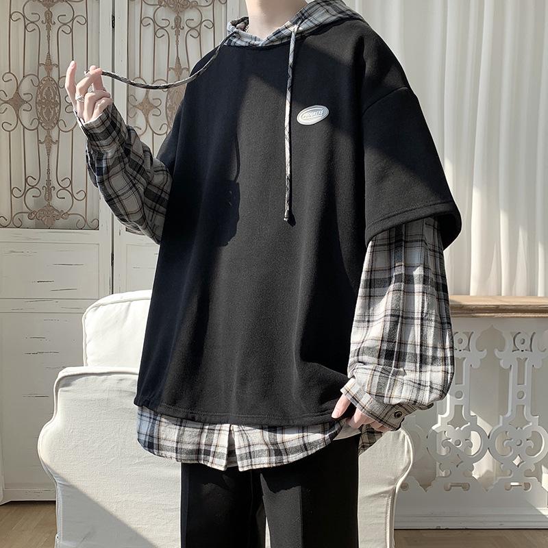 Men's Oversized Trendy Street Style Hoodie – Fake Two-Piece Design, Punk High Street Fashion for Spring and Autumn
