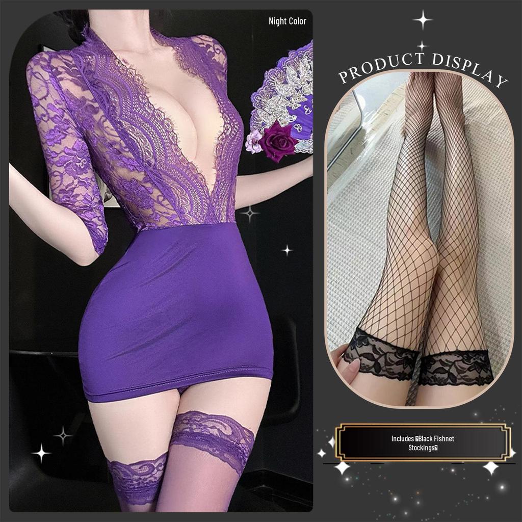 Golden Night Sexy Lace Purple Bodycon Dress with Push-up for Role Play 