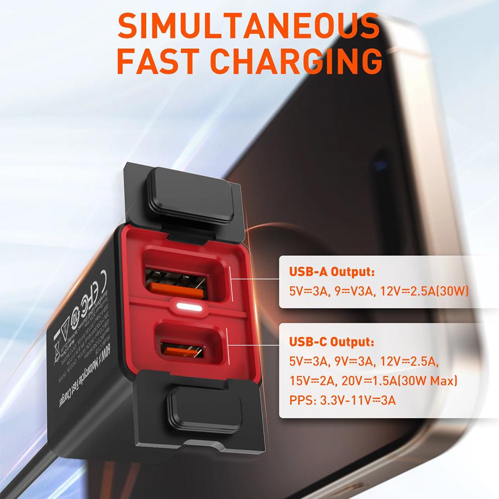Motorcycle USB-C Fast Charger PD+QC3.0 60W Waterproof Socket Type C Cell Phone 12V/24V Vehicle-Mounted Charger Adapter Accessory