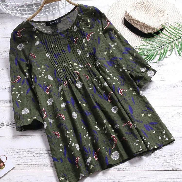 

Women s Summer Plus Size Loose Mid-length Shirt Temperament Round Neck Elegant Comfortable Cozy Tops 5XL зелений