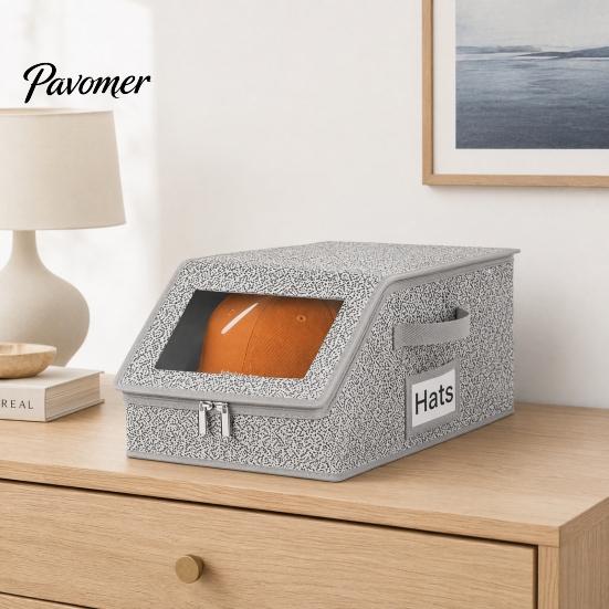 Reinforced Hat Storage Container Baseball Cap Box, with Clear Viewing Lid, Dustproof Breathable Non-woven Custom Box Container, Stackable Organizer