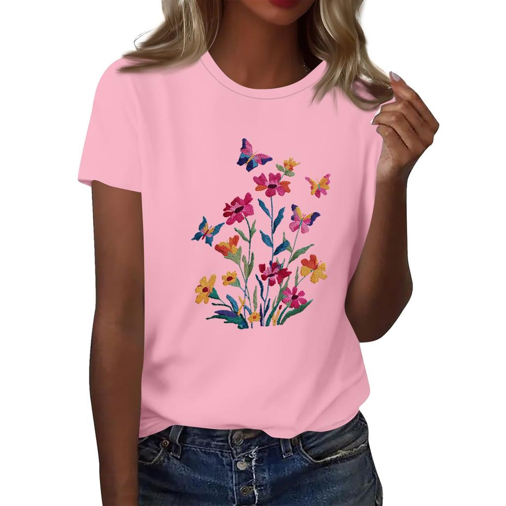 Women's Fashion Casual Printed Round Neck Short Sleeved T-Shirt Top T-Shirt Top Top