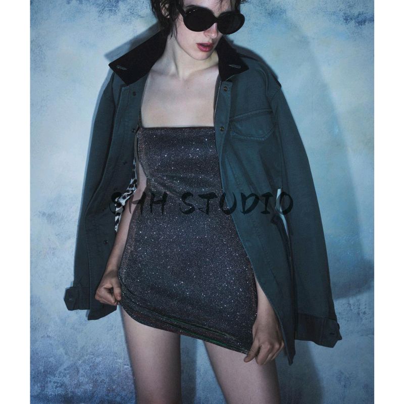 Summer New Arrival Women Clothes Sexy Style Metal Color Line Trim Straight Collar Sleeveless Short Sling Dress 1067220