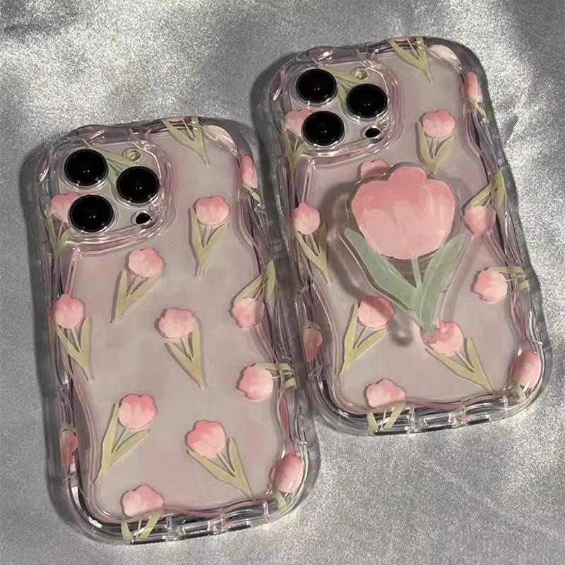 High End Style Niche Tulips Apple 14Plus Mobile Phone Case IPhone 13 Cream Pattern 14Pro Elegant and Beautiful