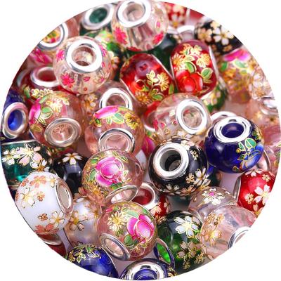 AIPRIDY 50 Pcs 15 X 11mm Murano Large Hole Silver Brass Core Glass Beads European Jewelry Beads Hand (Japanese Painted)