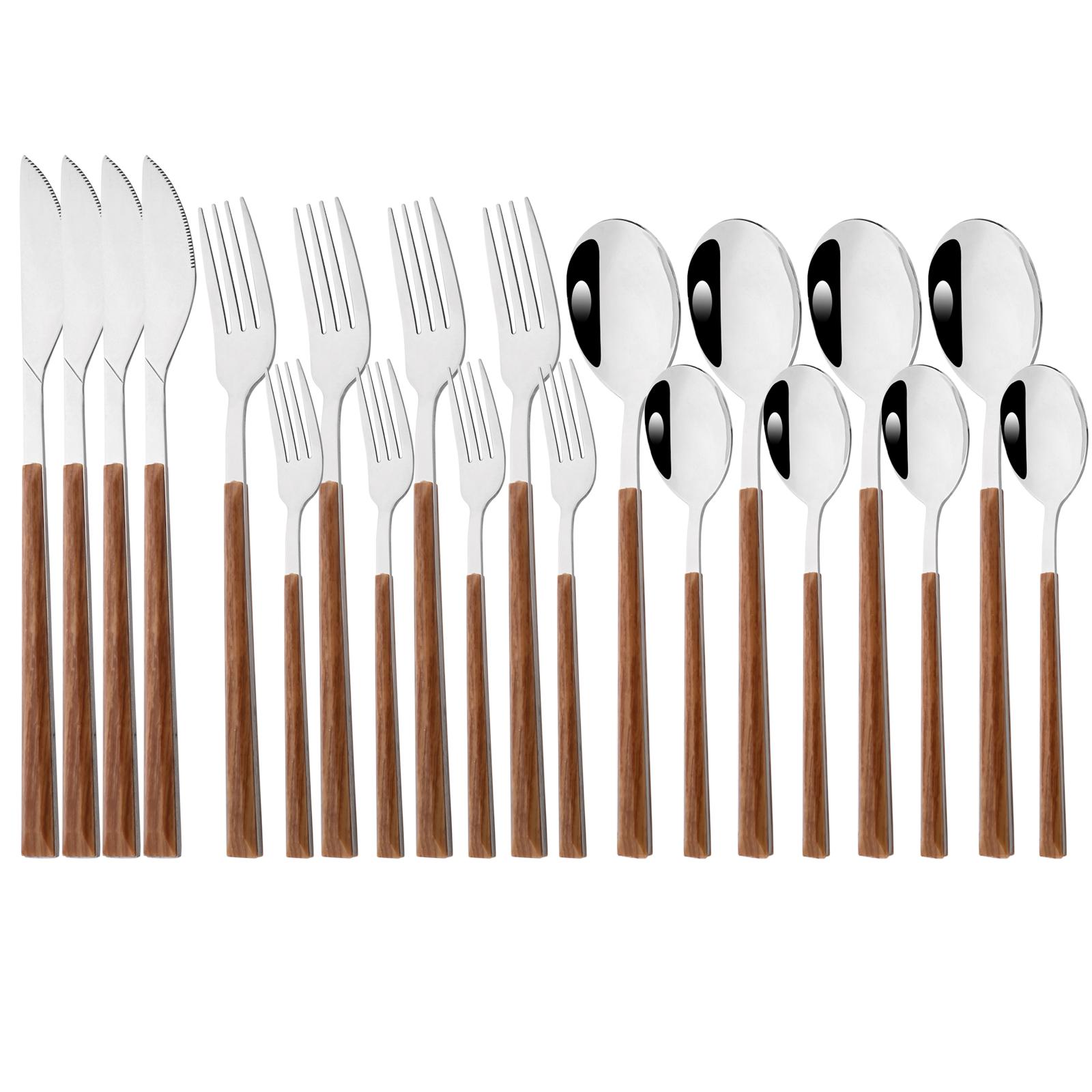 

20 шт. (4 комплекта) Серебряная посуда из нержавеющей стали, белая мраморная ручка, свадебные столовые приборы, столовое серебро для ежедневного использования, зеркало для домашнего ресторана, вечеринки коричневый/серебряный