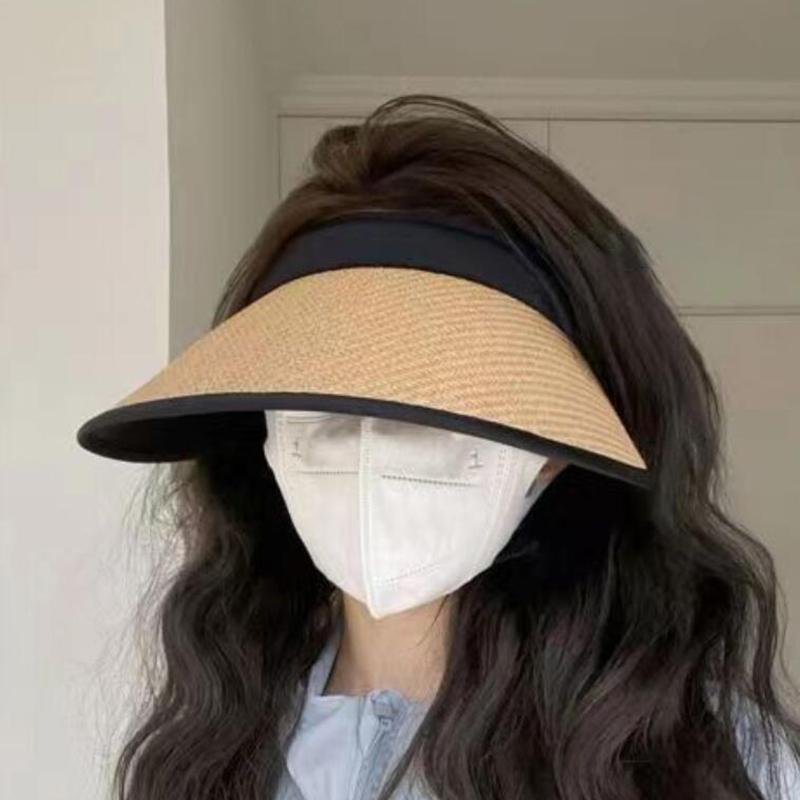 Chapeau de soleil en paille d'été pour femme, protection solaire d'extérieur, casquette vide, protection UV, visière à large bord