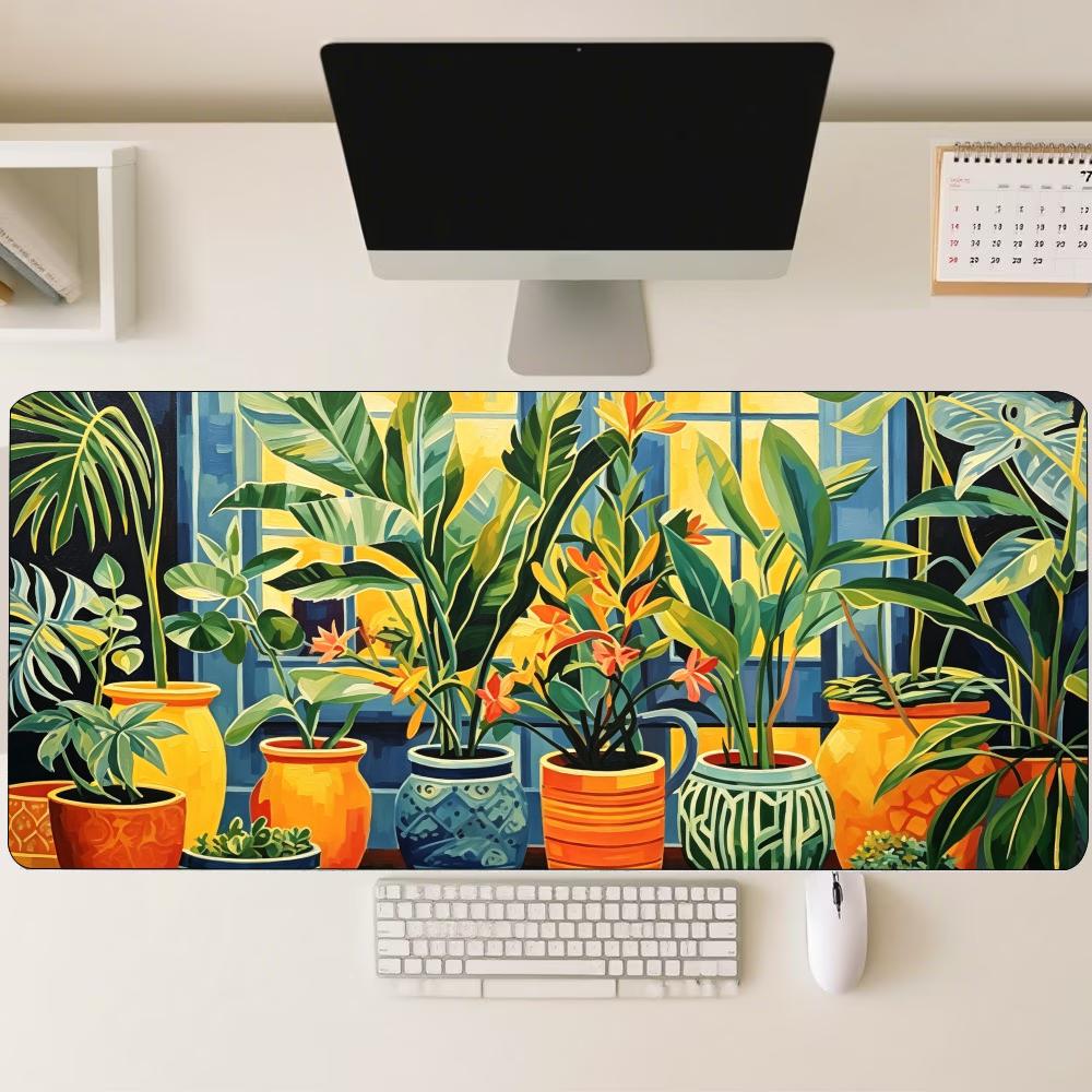 Boho Tropical Foliage Gaming Mousepad Colorful Potted Flora Deskmat NonSlip Rubber Stitched Edge Pad For Home Pc Gaming Lovers