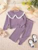 Girls' Autumn and Winter Knitted High Neck Lace Edge Patchwork Top+contrasting Pants Set, A Must-have for Casual and Versatile Outdoor Wear