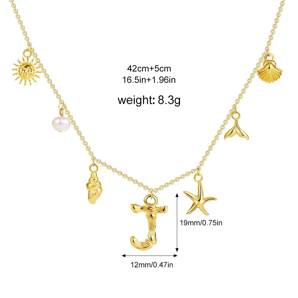 Boho A-Z Initial Letter Pendant Necklace Gold Color Beach Shell Starfish Pearl Necklace Women's Charm Jewelry Party Gift