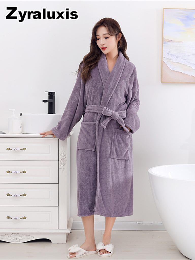 Women's Ultra-Soft Coral Fleece Bathrobe with Warm Sherpa Lining for Winter Daily Wear