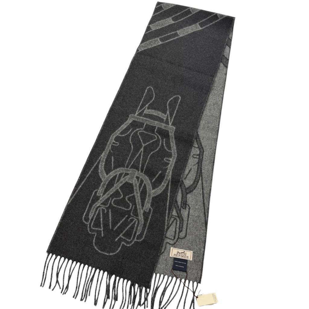 Pristine HERMES Scarf Tête à tête equestre Horse fringe Charcoal gray Used