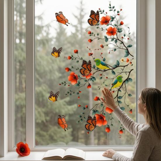 Blumen Schmetterling Vogel Fensteraufkleber, Selbstklebender Statischer Glassticker für Wohnzimmer Dekoration, Rückstandsfrei Abnehmbare Wandkunst
