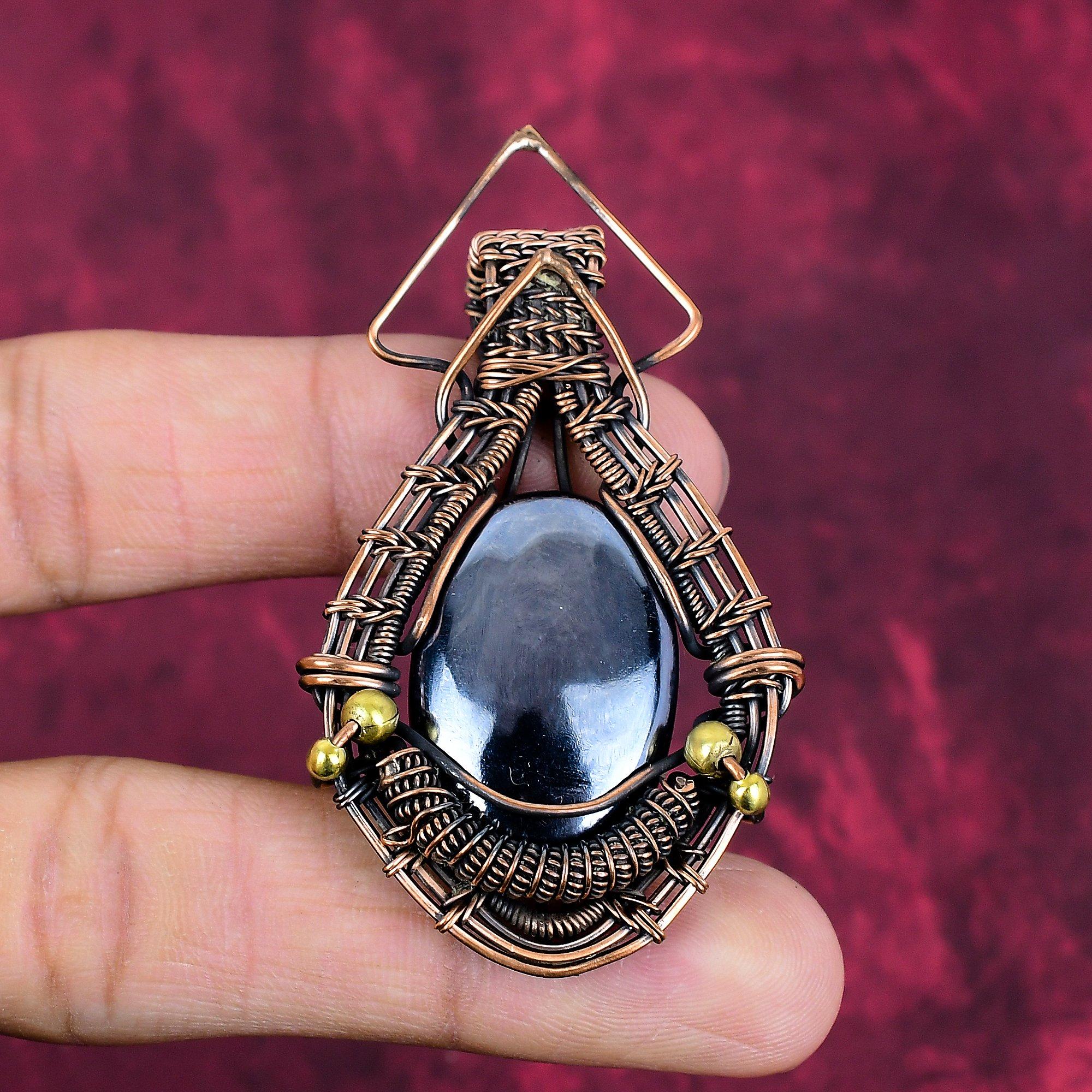 Shungite Gemstone Pendant Handmade Designer Pendant Copper Wire Wrapped Jewelry