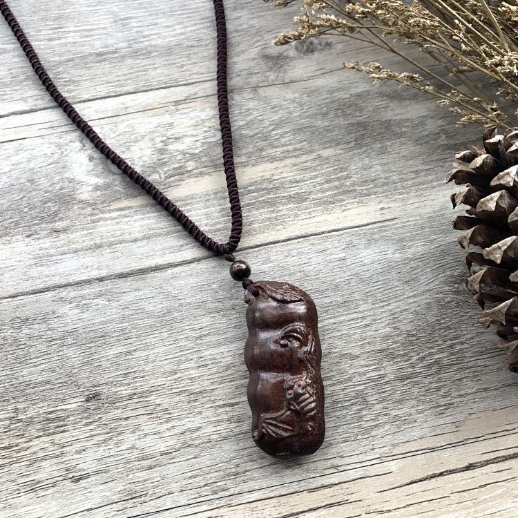 Retro Hand-carved Mahogany Long Necklace Women's Fashion Temperament Cotton and Linen Clothing Sweater Chain Accessories