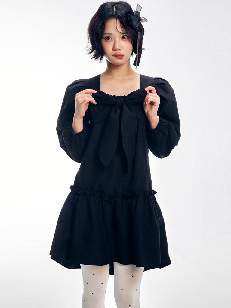 ADOREBELLE Ribbon Tie Dress - Black