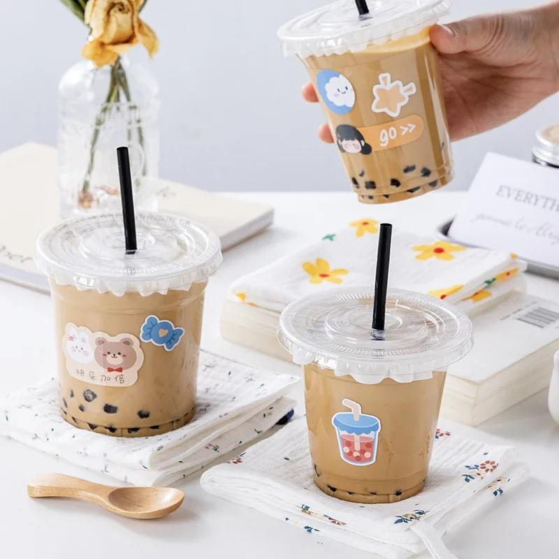50 Sets of Coffee Milk Tea Leak Proof Cups Disposable Thickened Household Plastic Beverage PET Cold Drink Packaging Cup with Lid