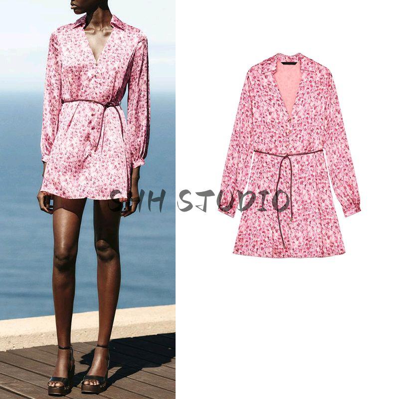 Spring New Women clothes V-Shaped Neckline With Belt Flowers Print Fashion Long sleeve Short Dress 5029072