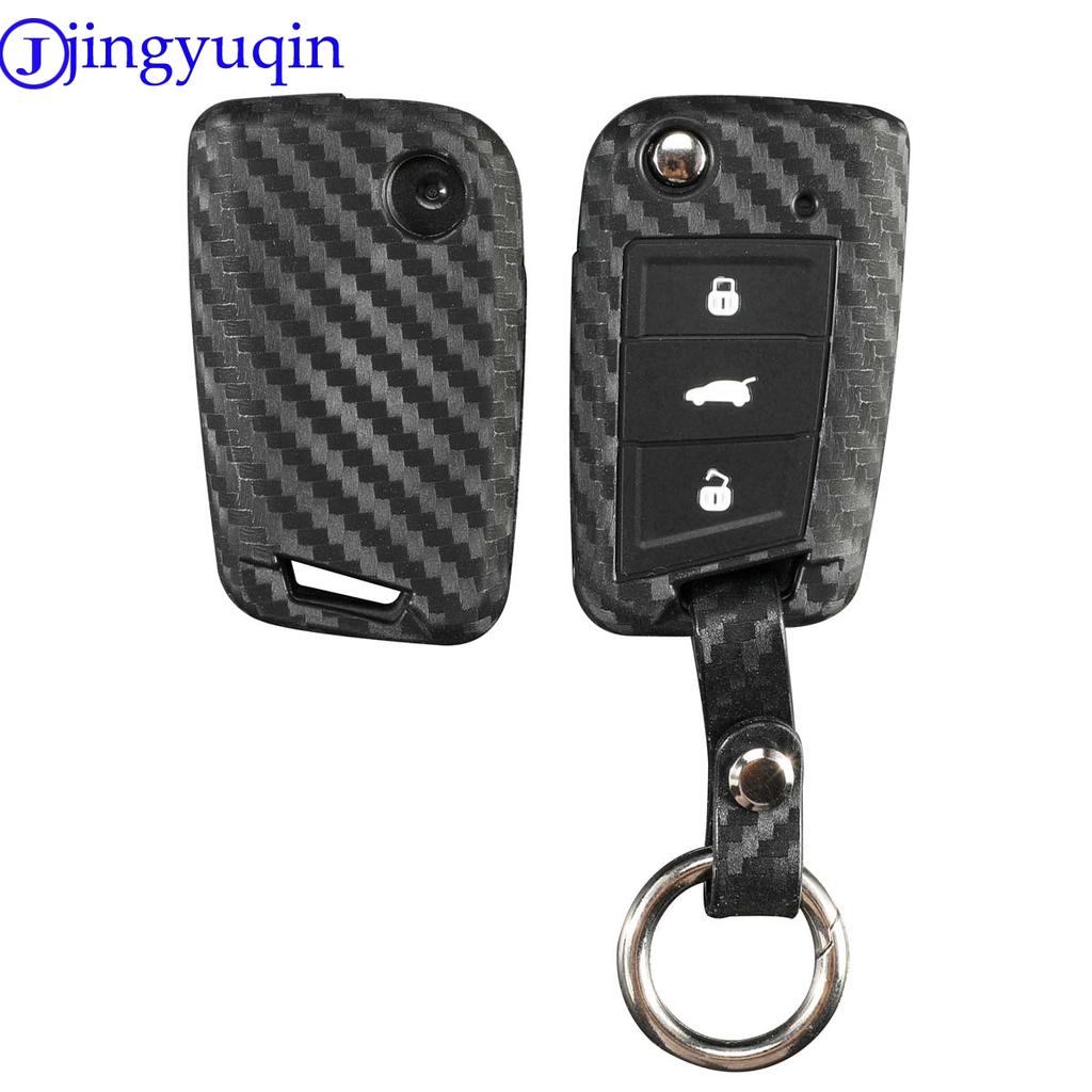 jingyuqin Carbon Silicone Key Case Cover For VW Polo Golf 7 Tiguan for Skoda Octavia Kodiaq Karoq for SEAT Ateca Leon Ibiza