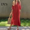 Lightweight Women Dress Summer Deep V Neck Three Quarter Sleeves Ankle Length Solid Color Thin Loose Side Slit A-line Casual Daily Vacation Beach Maxi