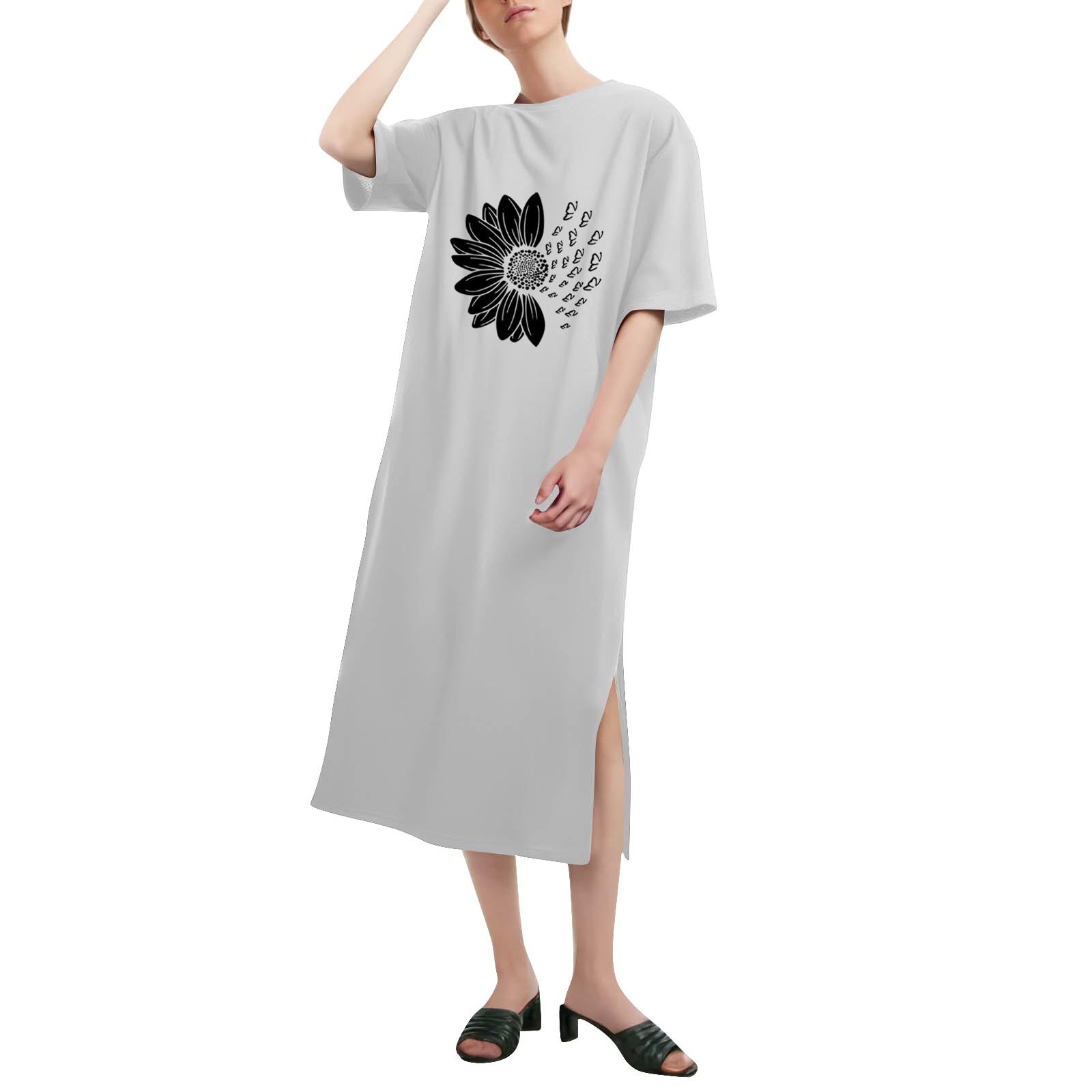 

Цветочный принт свободная рубашка с коротким рукавом и круглым вырезом длинная модная повседневная рубашка платья XL белый