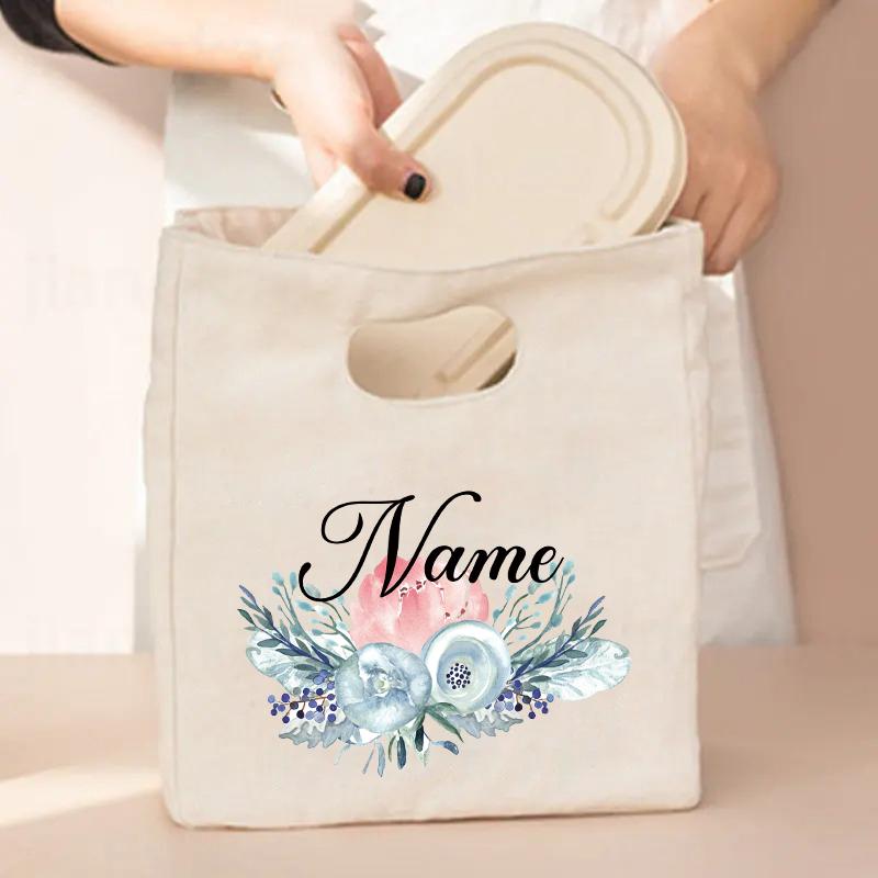 Flower Customized Canvas Handbag Vintage Travel Camping Lunch Bag Personalized Name Storage Lunch Box Large Capacity Cooler Bags