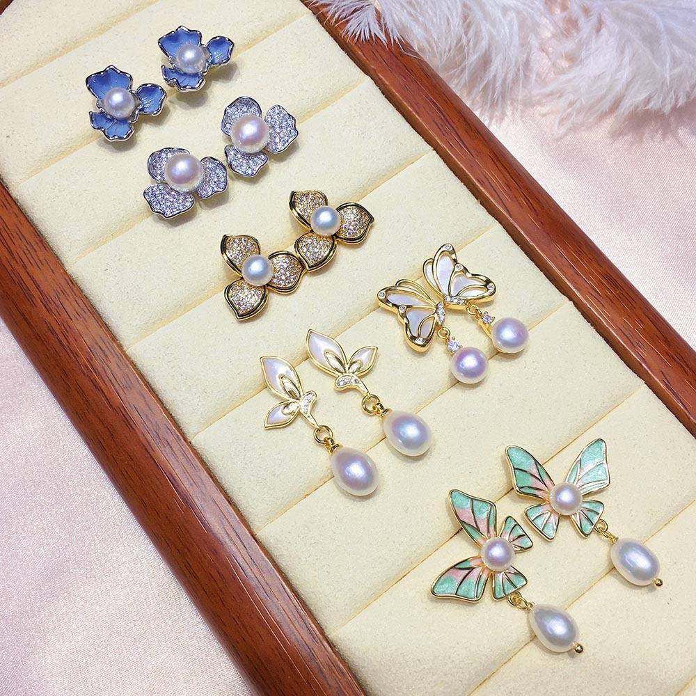 Summer New Butterfly Flower Element Tian Freshwater Pearl Stud Earrings, a Niche and Elegant Style of Earrings and Jewelry