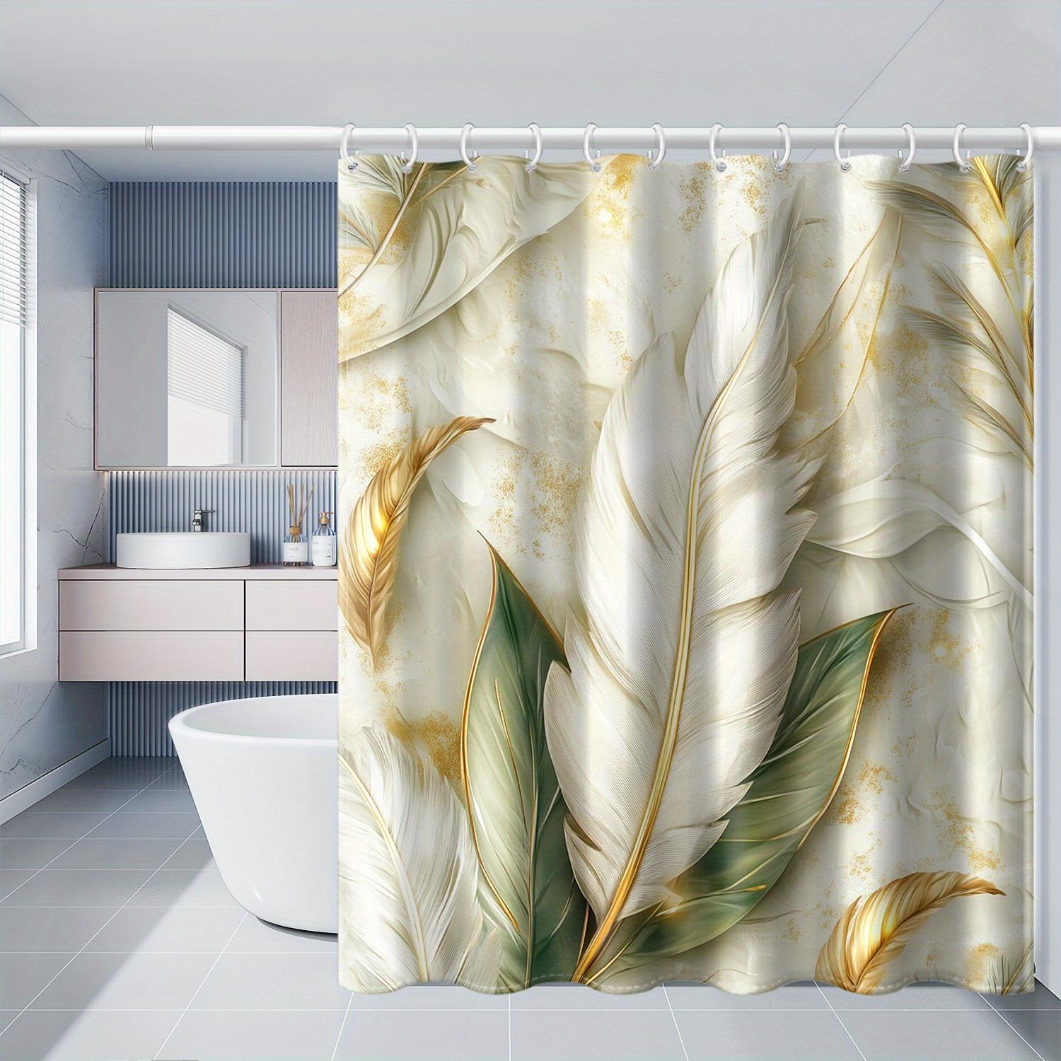 

1 Elegant Gold And White Feather Print Shower Curtain With Green Leaves - Luxury Bathroom Decor, Machine Washable Polyester W60H190(CM)-1 Pcs
