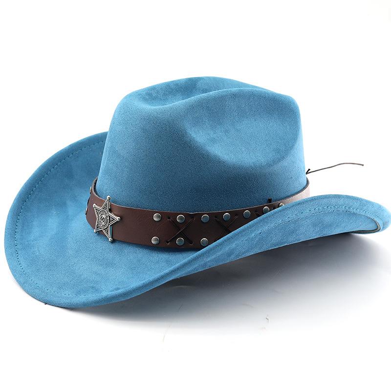 Western cowboy roll-up edge big edge cowboy hat bull head accessories leather velvet jazz hat riding hat