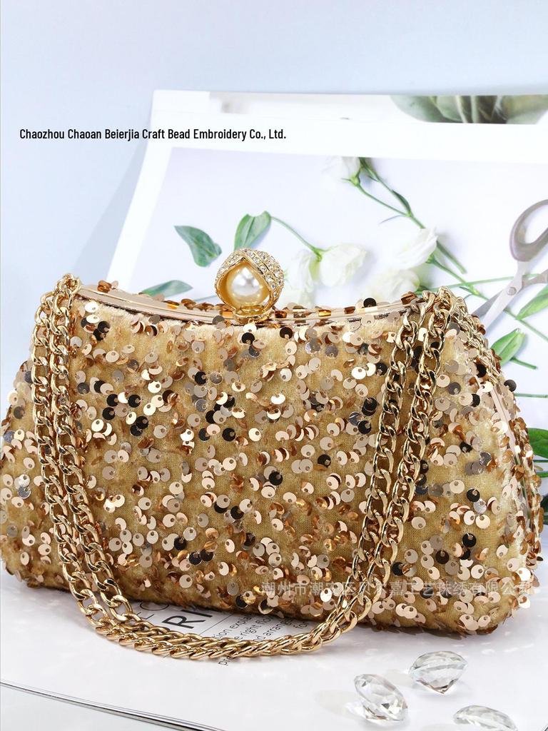 Pearl Sequin Crossbody Bag: Elegant European & American Style, Double Chain, Solid Color, Luxury Shoulder Evening Accessory