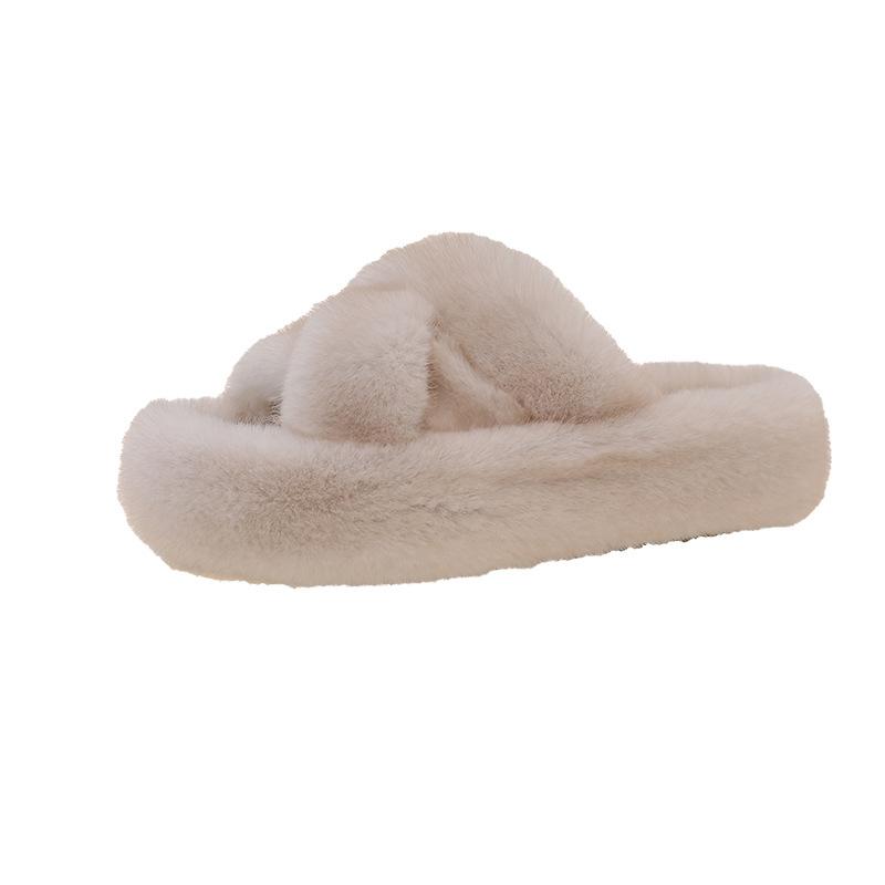 

Thick-soled fluffy slippers women s 2025 autumn and winter new fashion outer wear high-end French evening wind one-word slippers 35