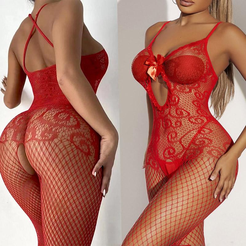 Hot Sexy Bow Open Crotch Bodystockings Women Sexy Lingerie Trending Fishnet Bodysuit Lace Underwear Erotic Garter Stockings New