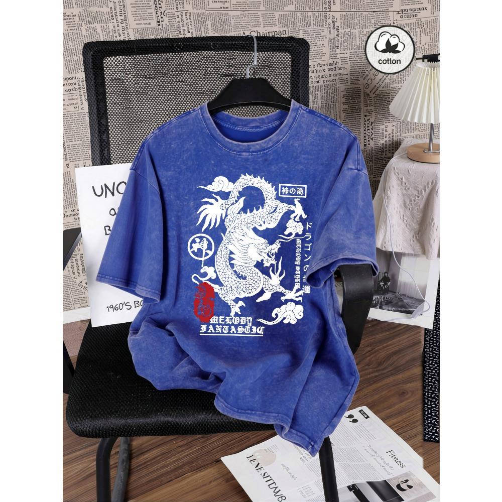 Japanische Harajuku Drachenaufdruck Damen Gewaschene T-Shirts Lässiges T-Shirt Sommer Hip Hop Streetwear Baumwolle Übergroße Kleidung
