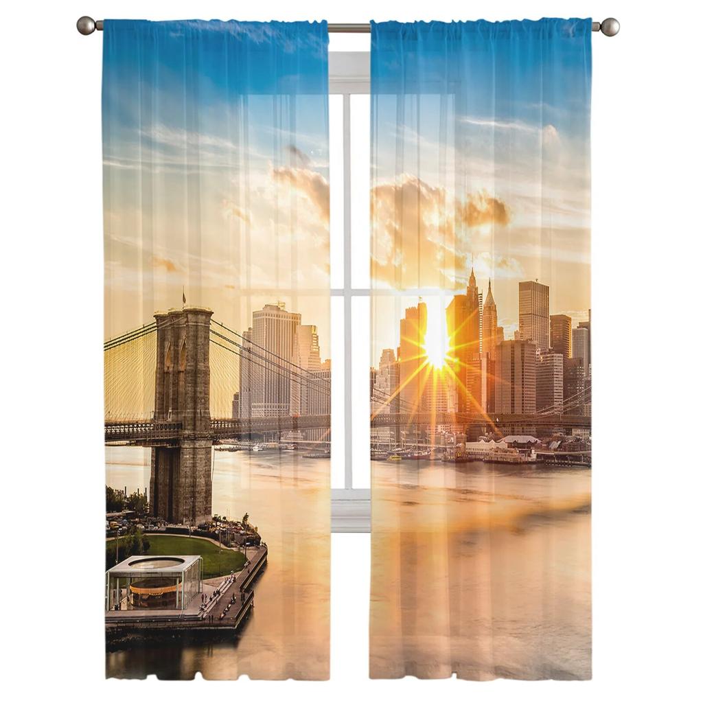 City Sunset Bridge Dusk Building Modern Tulle Curtains For Living Room Bedroom Home Kitchen Window Sheer Curtains