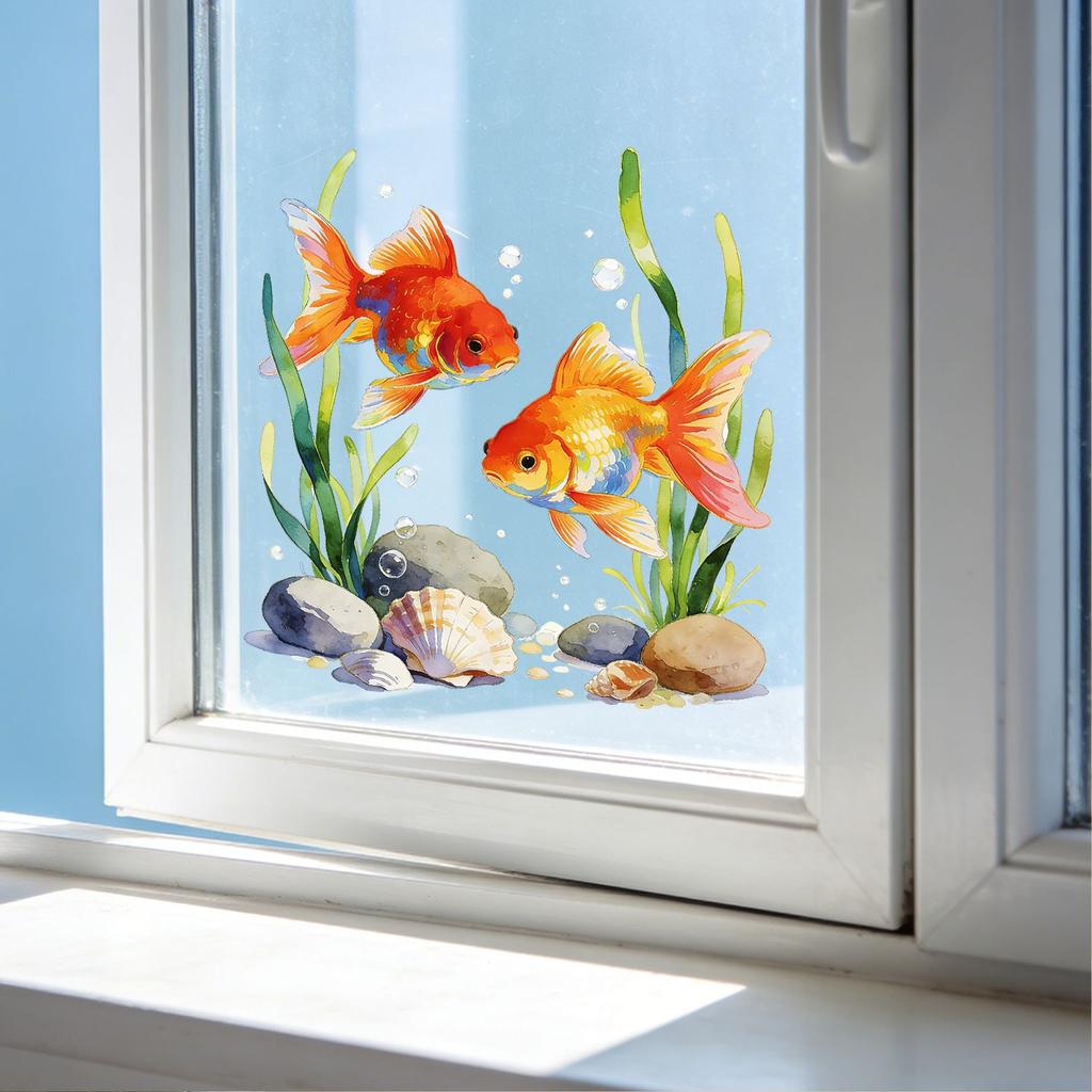Creative Goldfish Playing Water Static Cling Wall Sticker for Living Room Bedroom Study Home Decor