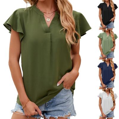 Blusa Top de Chiffon Lisa de Cor Sólida com Decote V de Manga Curta Solta Feminina para Comércio Transfronteiriço
