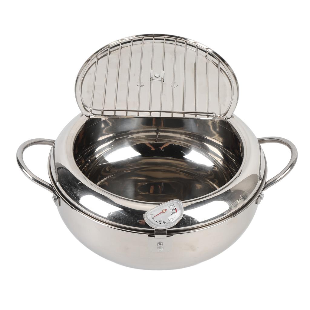 Stainless Steel Fryer Pot with Thermometer Lid Oil Drip Drainer Rack Multifunctional Deep Frying