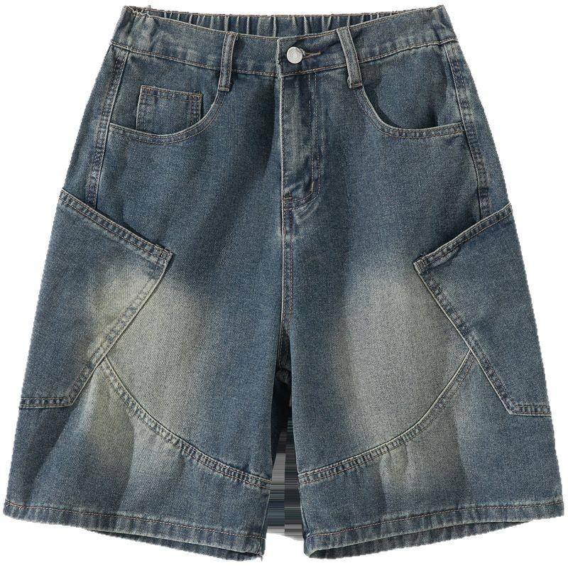 Men's Summer Relaxed Straight-Leg Denim Shorts Youth Cropped Shorts Washed Mid-Length Pants