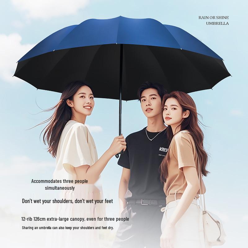 Extra-Large Three-Fold Umbrella for Men & Women - 12-Bone, Dual-Use for Sun & Rain, Fits Up To Three People