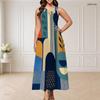 Women Plus Size Round Neck Triple Keyhole Sleeveless Geometric Printed Maxi Dress