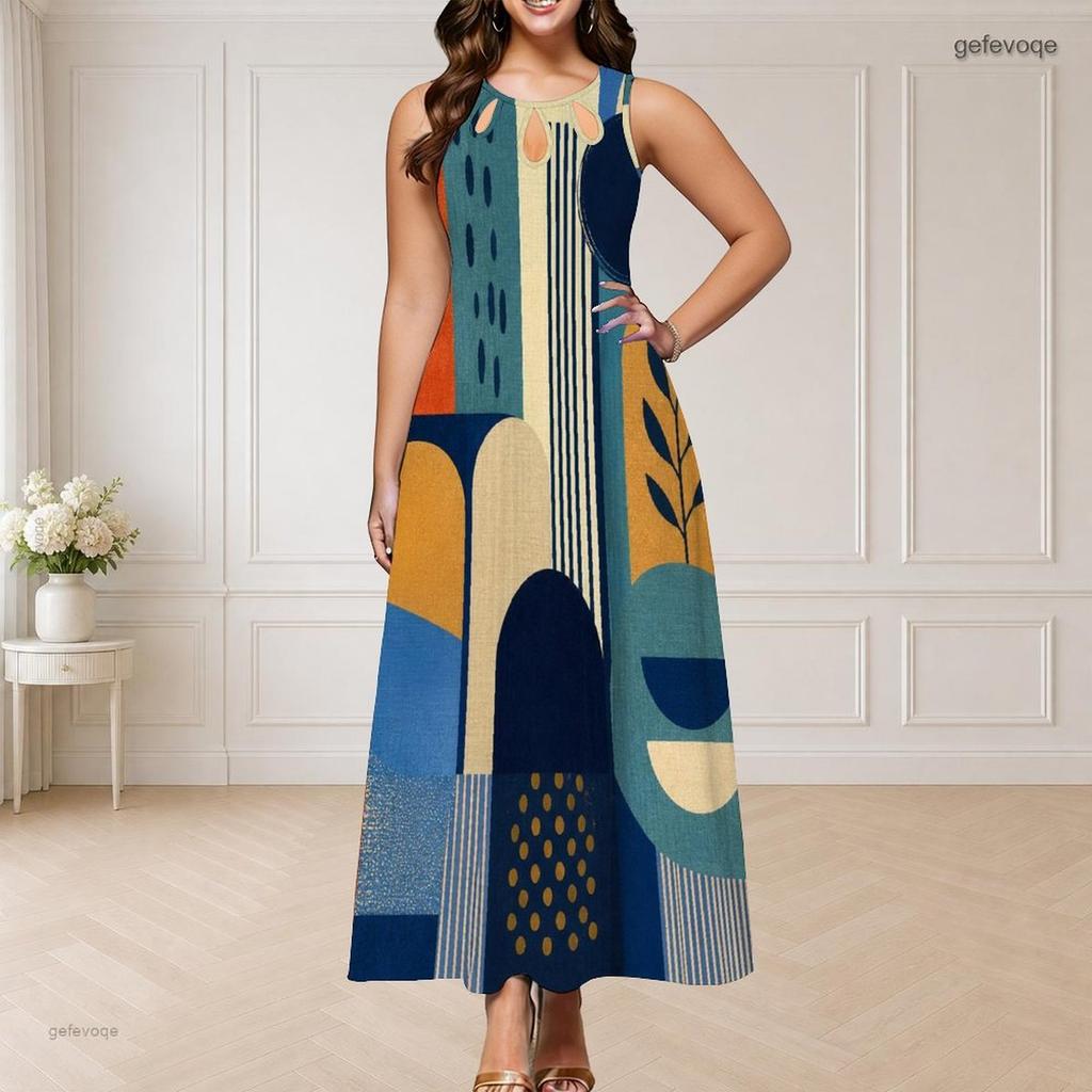Women Plus Size Round Neck Triple Keyhole Sleeveless Geometric Printed Maxi Dress