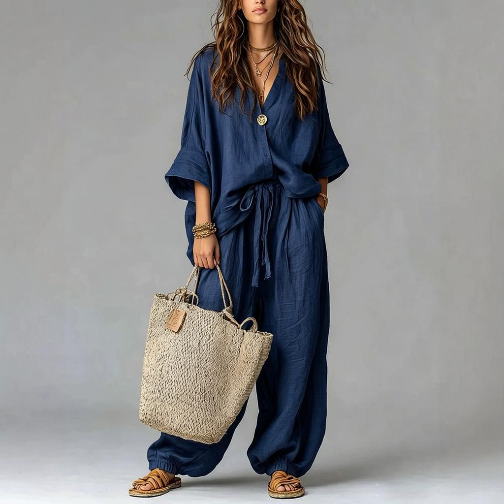1116 Popular Women's Clothing Autumn and Winter New Casual Loose Wind Large Flanged Middle Sleeve Drawstring Set
