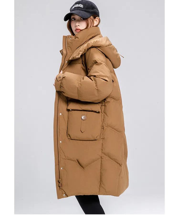 Women's Autumn and Winter Coat Solid Color Stand Collar Hooded Loose Thickened Windproof Mid-length Women's Jacket