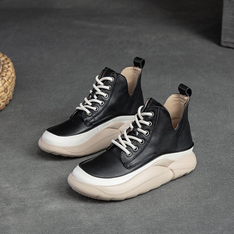 Fashion GKTINOO Genuine Leather Shoes Women Boots Lace-up Mixed Colors Round Toe 2025 New Leisure Sewing Handmade Platform Boots