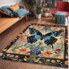 Vintage Art Deco Großer Blauer Schmetterling Floraler Teppich Retro Blühende Blumenbordüre Rutschfester Boden Teppich für Schlafzimmer Hausdekoration