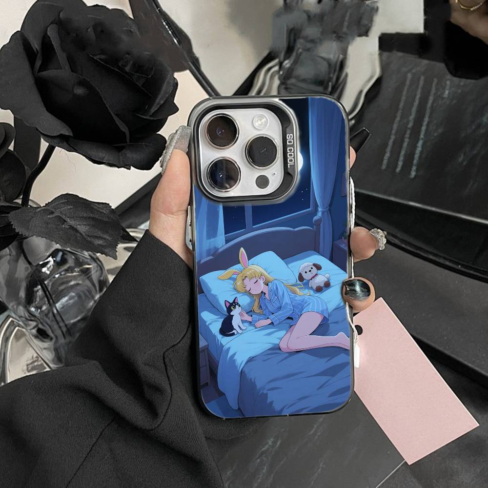 Cartoon I-Sailor M-Moon Phone Case For iPhone17, 16,15,14,13,12 Pro Max Black Candy Matte Shockproof Cover