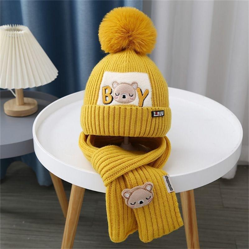 Cappello e Sciarpa Caldi Invernali Cappello e Sciarpa per Bambini Cappello-Sciarpa Ispessito Cappello Berretto Elastico con Pompon per Bambini 1-6 Anni